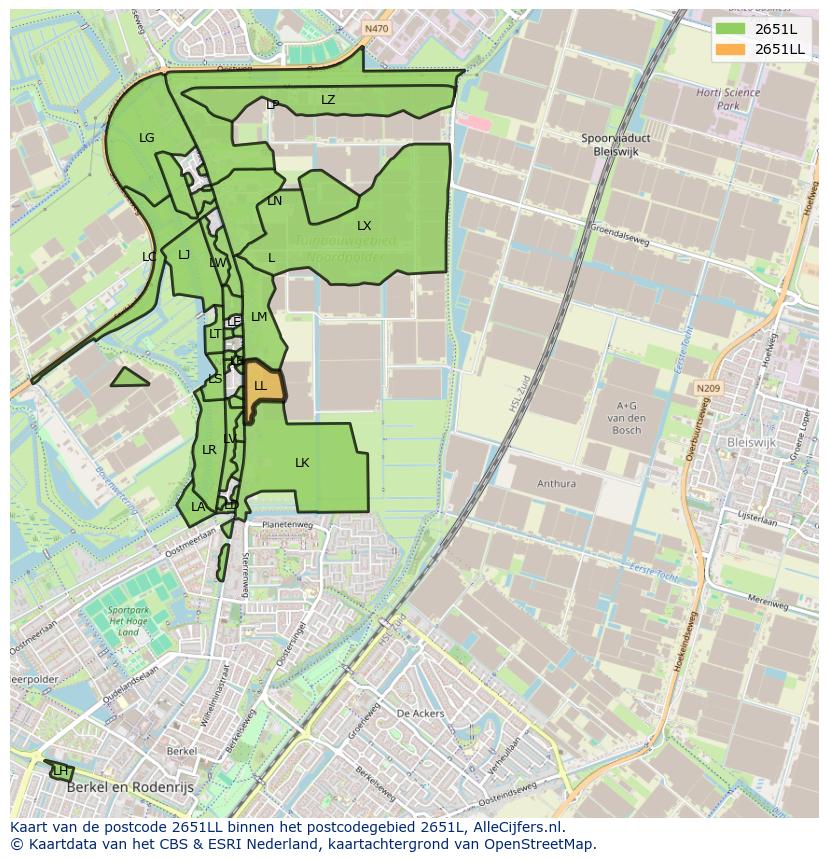Afbeelding van het postcodegebied 2651 LL op de kaart.