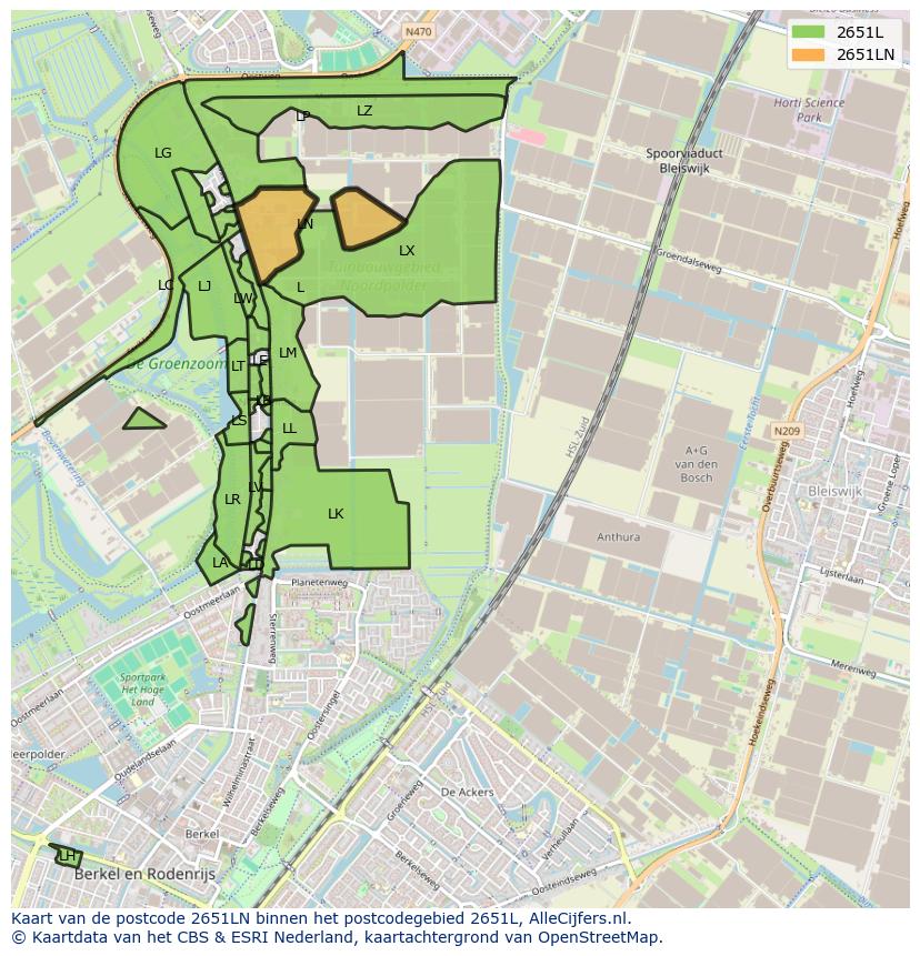 Afbeelding van het postcodegebied 2651 LN op de kaart.