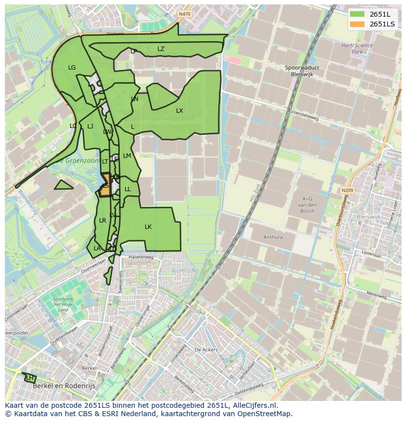 Afbeelding van het postcodegebied 2651 LS op de kaart.