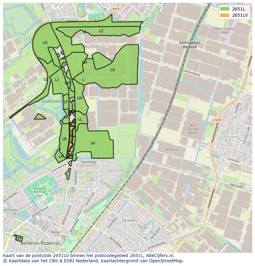Afbeelding van het postcodegebied 2651 LV op de kaart.