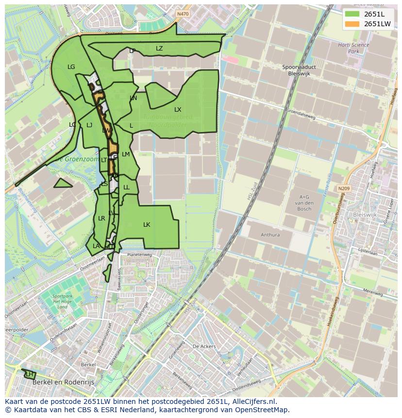 Afbeelding van het postcodegebied 2651 LW op de kaart.