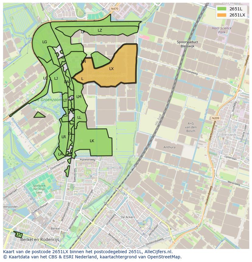 Afbeelding van het postcodegebied 2651 LX op de kaart.