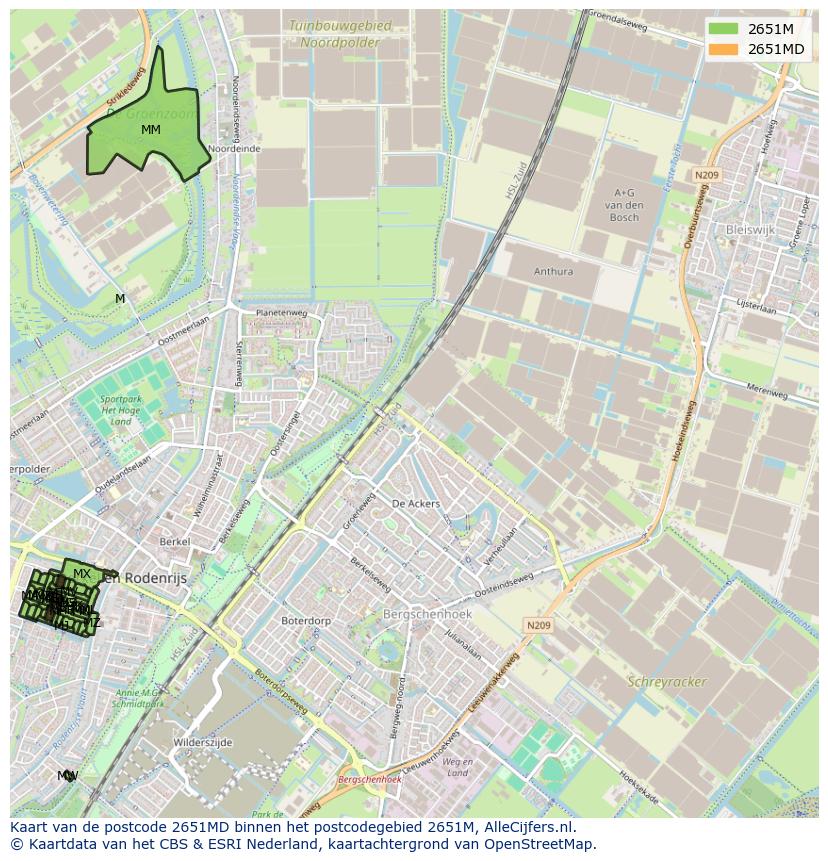 Afbeelding van het postcodegebied 2651 MD op de kaart.
