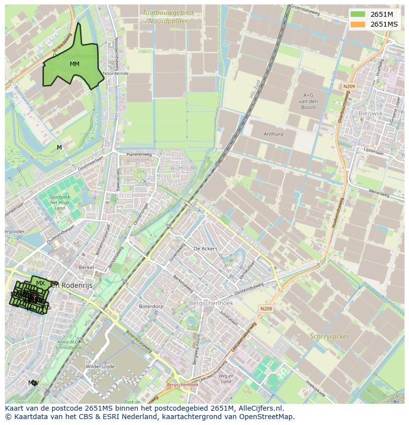 Afbeelding van het postcodegebied 2651 MS op de kaart.