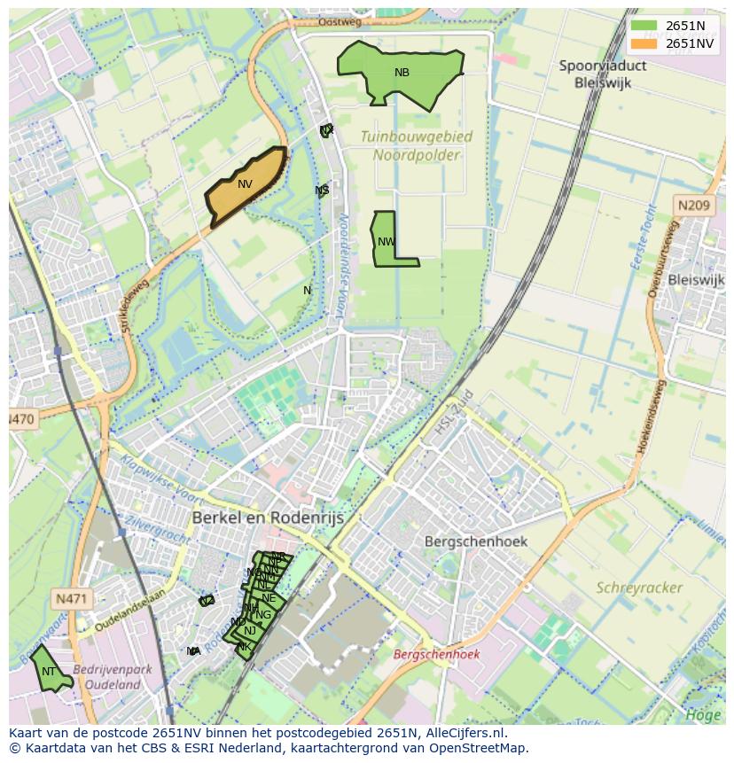 Afbeelding van het postcodegebied 2651 NV op de kaart.