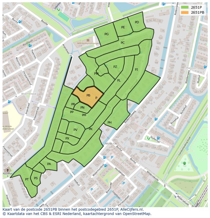 Afbeelding van het postcodegebied 2651 PB op de kaart.