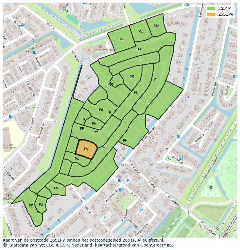 Afbeelding van het postcodegebied 2651 PV op de kaart.