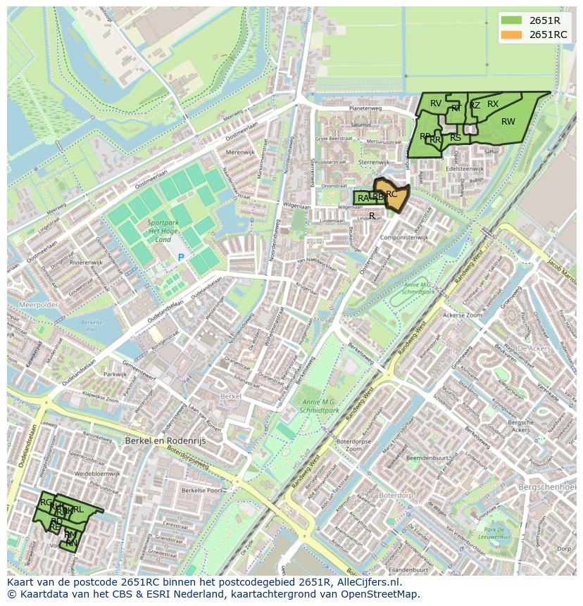 Afbeelding van het postcodegebied 2651 RC op de kaart.