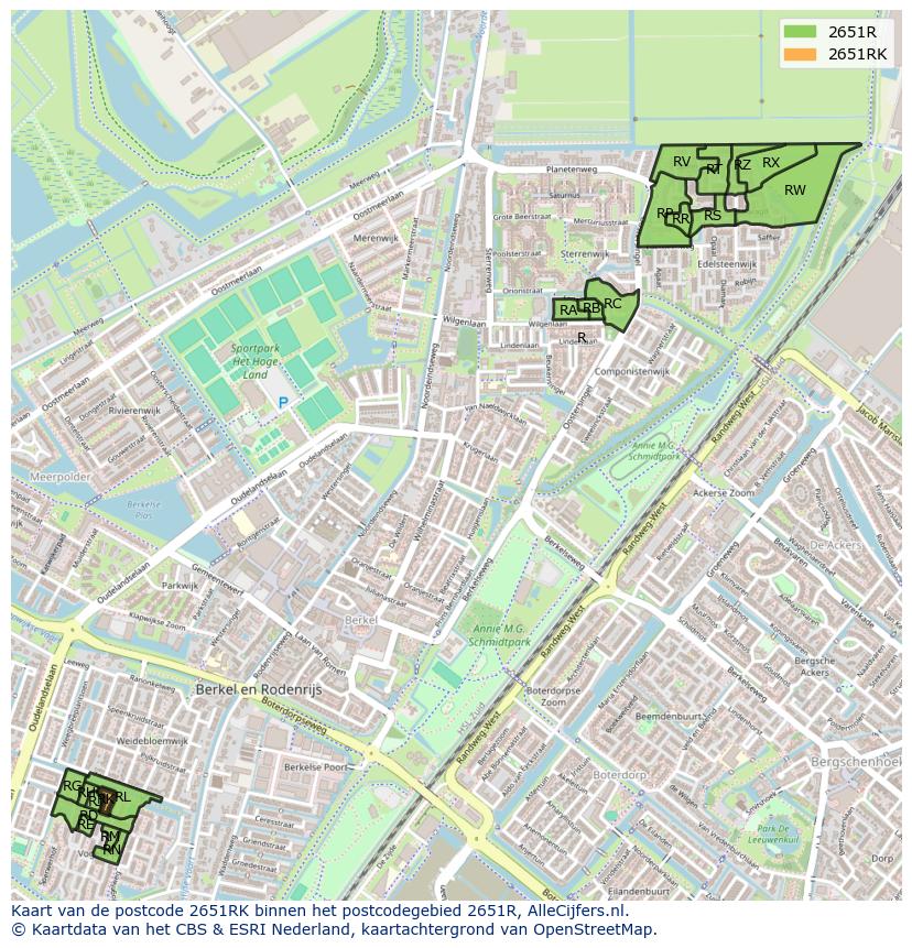 Afbeelding van het postcodegebied 2651 RK op de kaart.