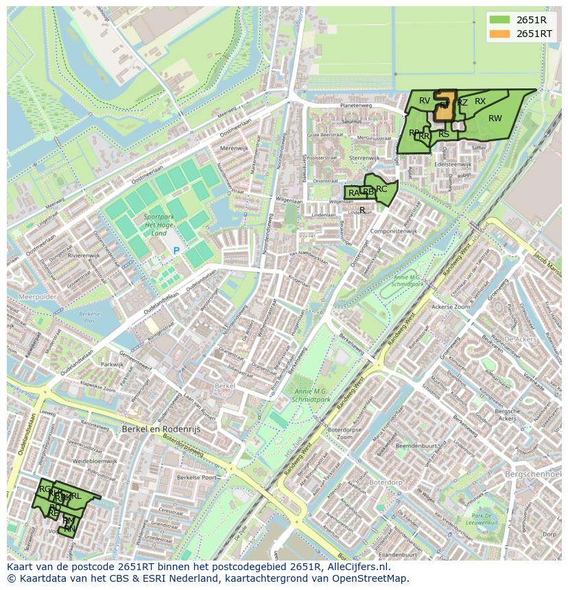 Afbeelding van het postcodegebied 2651 RT op de kaart.