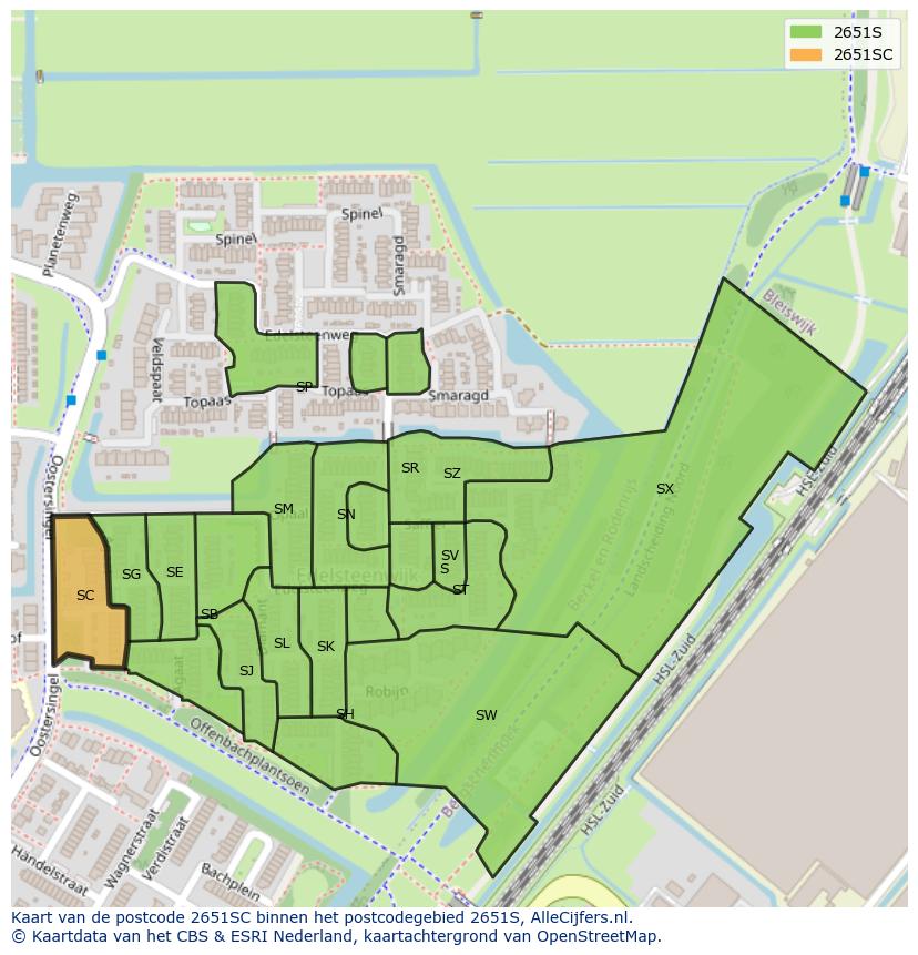 Afbeelding van het postcodegebied 2651 SC op de kaart.