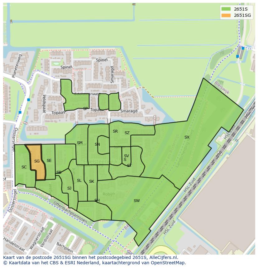 Afbeelding van het postcodegebied 2651 SG op de kaart.