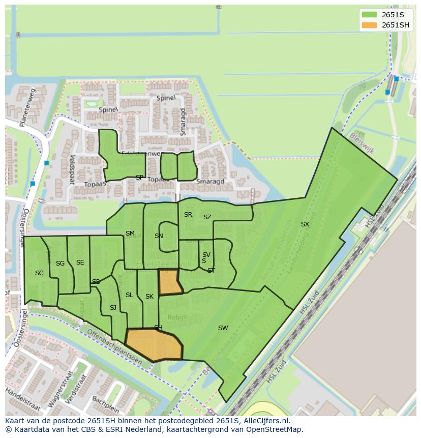 Afbeelding van het postcodegebied 2651 SH op de kaart.