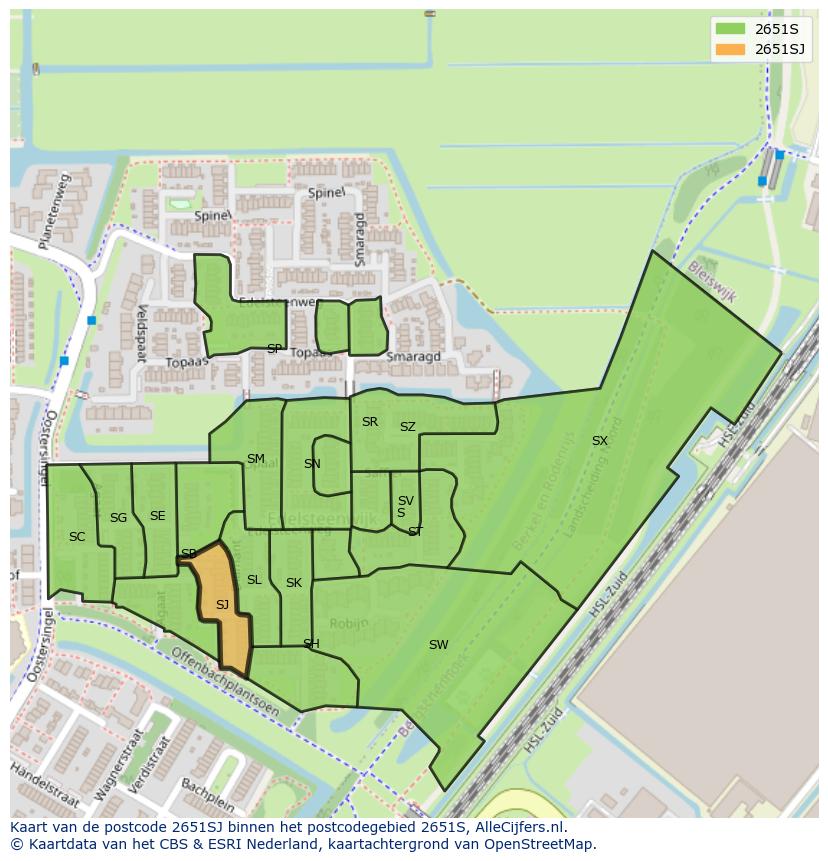 Afbeelding van het postcodegebied 2651 SJ op de kaart.
