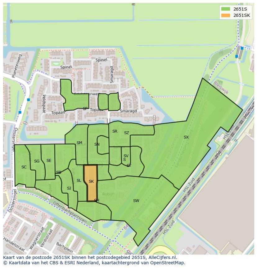 Afbeelding van het postcodegebied 2651 SK op de kaart.