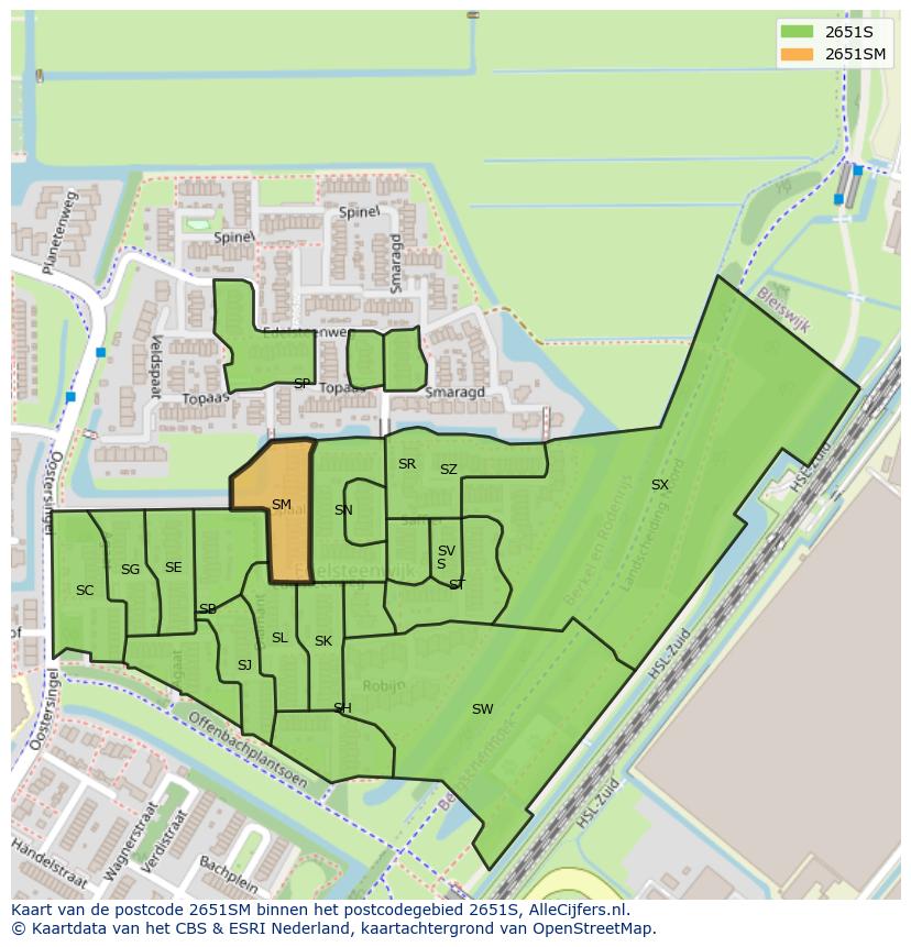 Afbeelding van het postcodegebied 2651 SM op de kaart.
