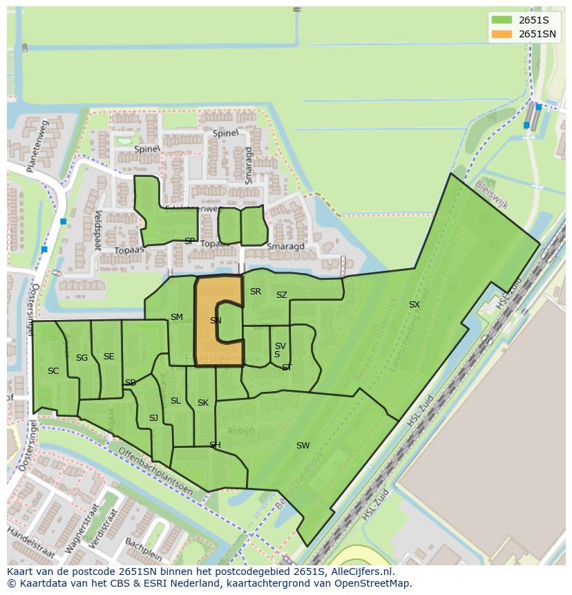 Afbeelding van het postcodegebied 2651 SN op de kaart.