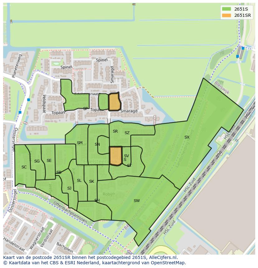 Afbeelding van het postcodegebied 2651 SR op de kaart.