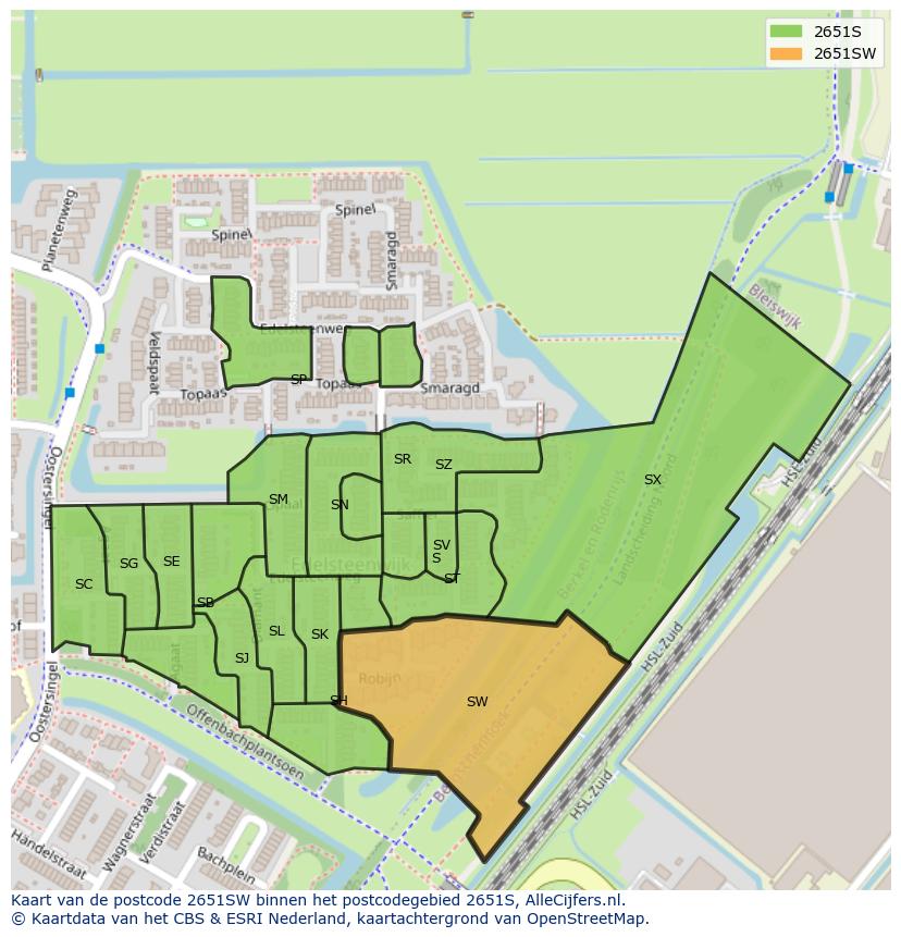 Afbeelding van het postcodegebied 2651 SW op de kaart.