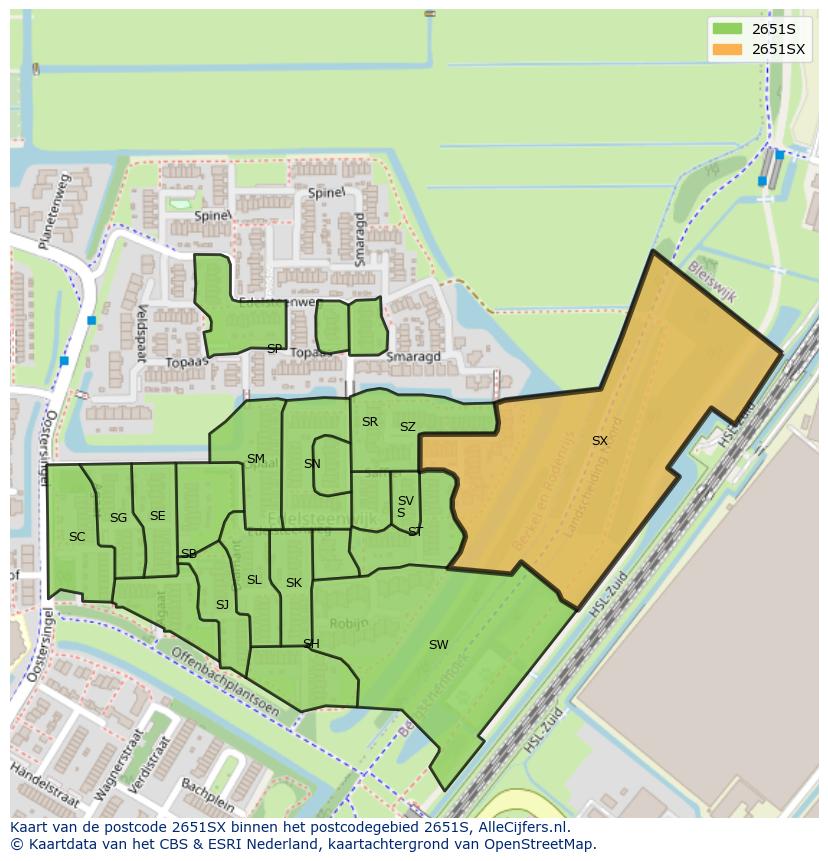 Afbeelding van het postcodegebied 2651 SX op de kaart.