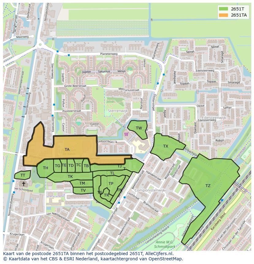 Afbeelding van het postcodegebied 2651 TA op de kaart.