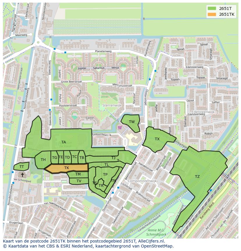 Afbeelding van het postcodegebied 2651 TK op de kaart.