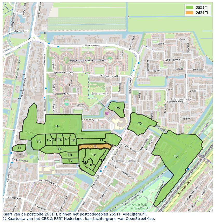 Afbeelding van het postcodegebied 2651 TL op de kaart.