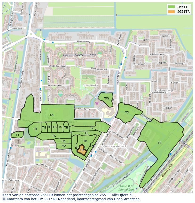 Afbeelding van het postcodegebied 2651 TR op de kaart.