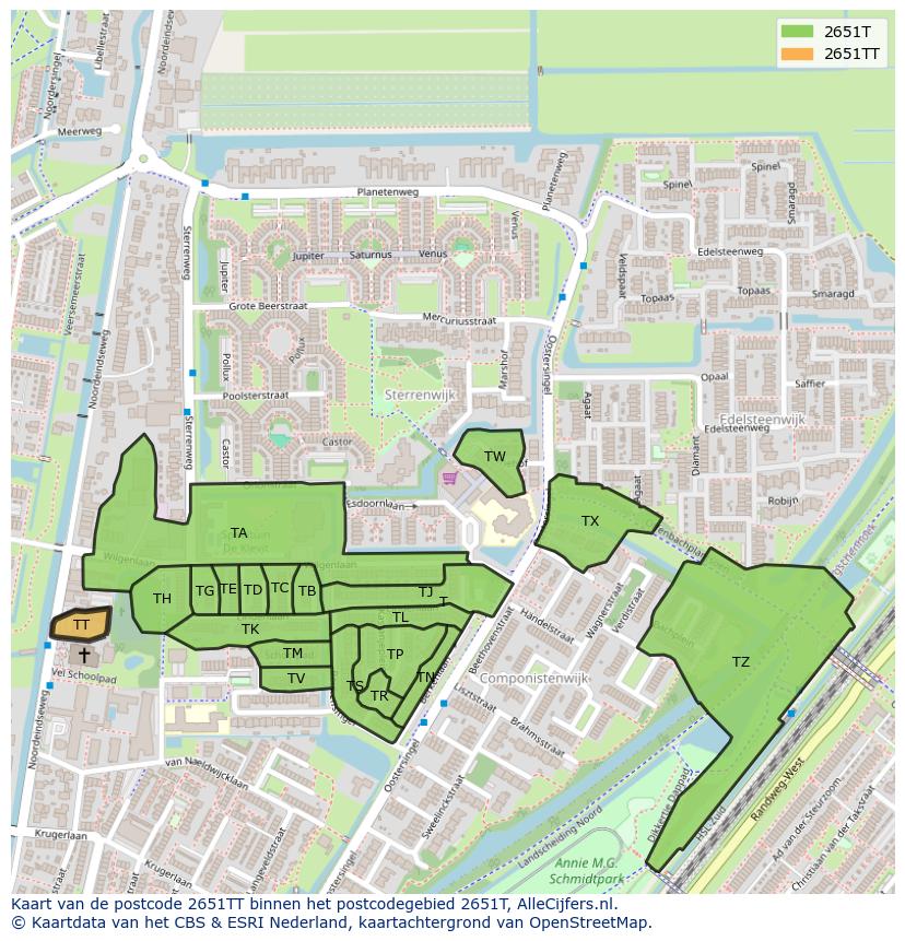 Afbeelding van het postcodegebied 2651 TT op de kaart.