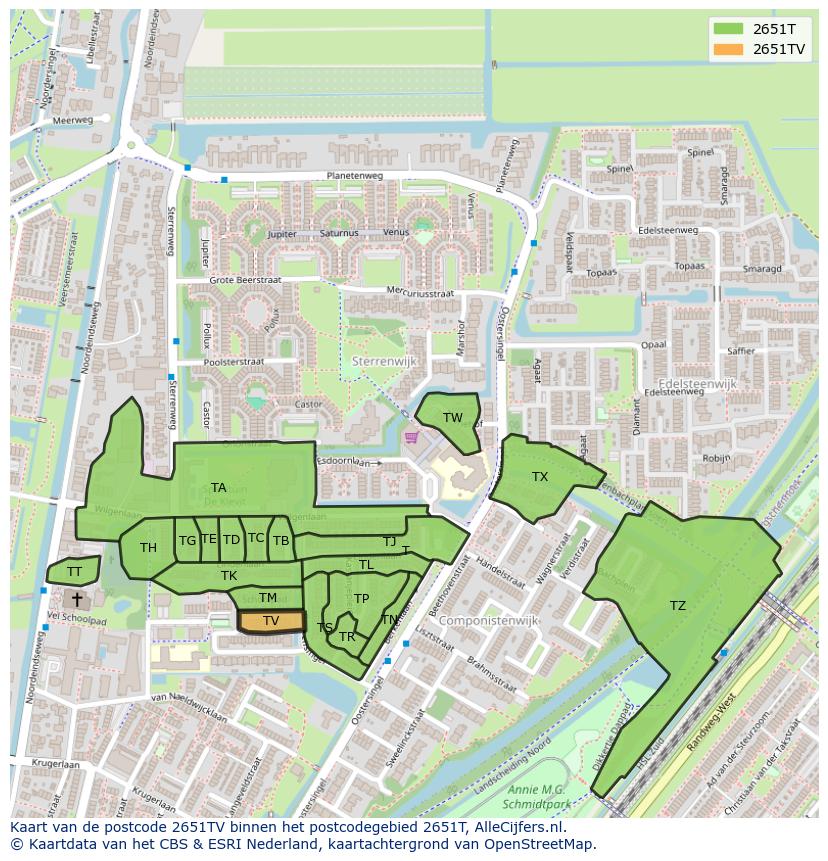 Afbeelding van het postcodegebied 2651 TV op de kaart.