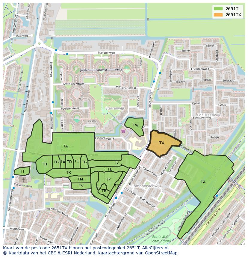 Afbeelding van het postcodegebied 2651 TX op de kaart.