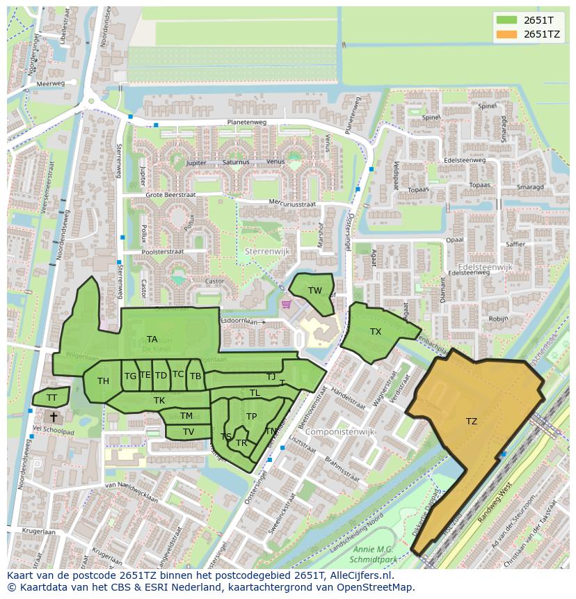 Afbeelding van het postcodegebied 2651 TZ op de kaart.