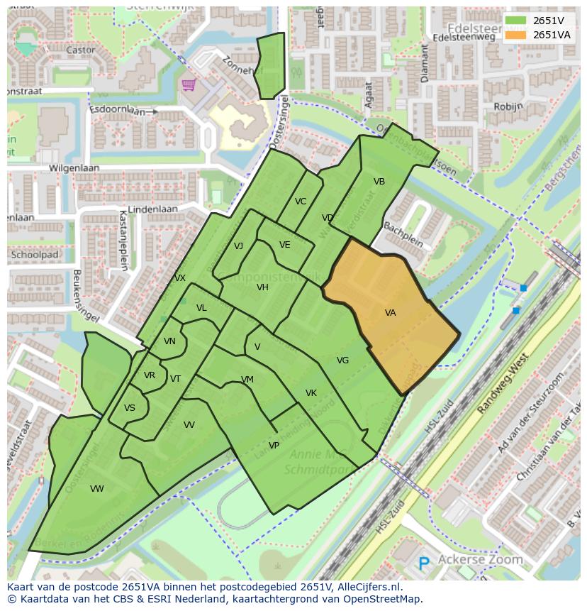 Afbeelding van het postcodegebied 2651 VA op de kaart.