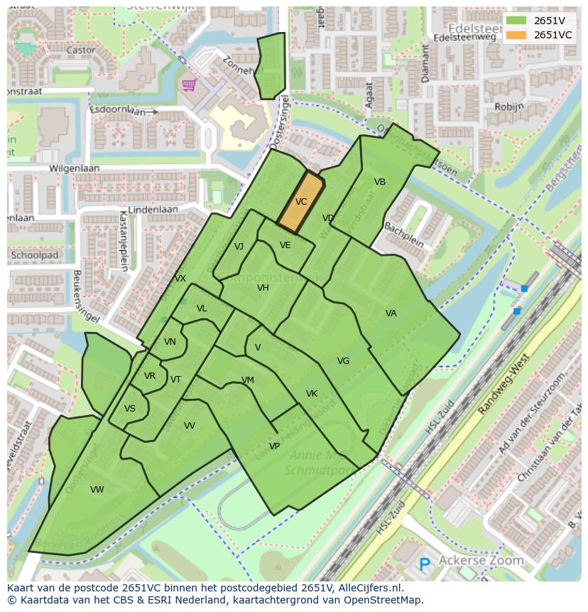 Afbeelding van het postcodegebied 2651 VC op de kaart.