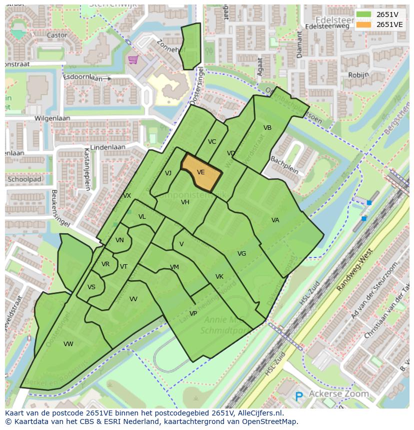 Afbeelding van het postcodegebied 2651 VE op de kaart.