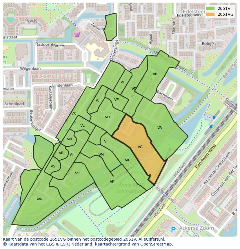 Afbeelding van het postcodegebied 2651 VG op de kaart.