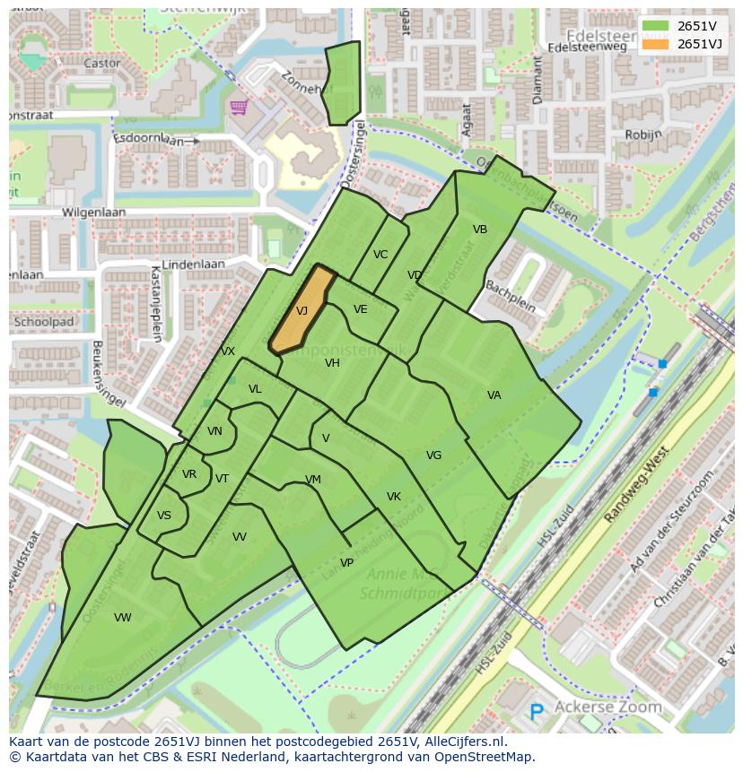 Afbeelding van het postcodegebied 2651 VJ op de kaart.