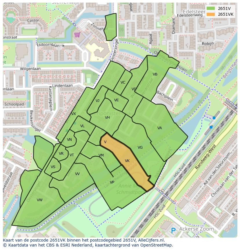 Afbeelding van het postcodegebied 2651 VK op de kaart.