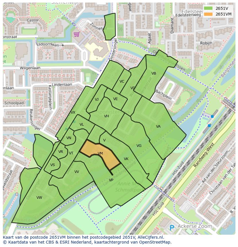 Afbeelding van het postcodegebied 2651 VM op de kaart.