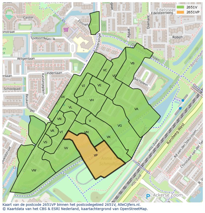 Afbeelding van het postcodegebied 2651 VP op de kaart.