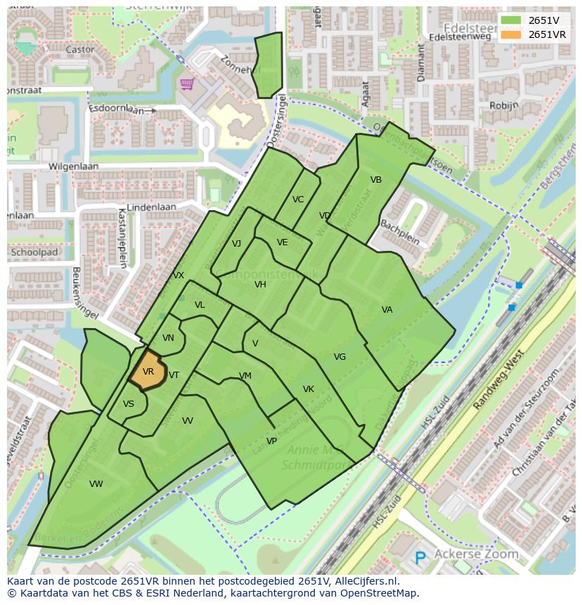 Afbeelding van het postcodegebied 2651 VR op de kaart.