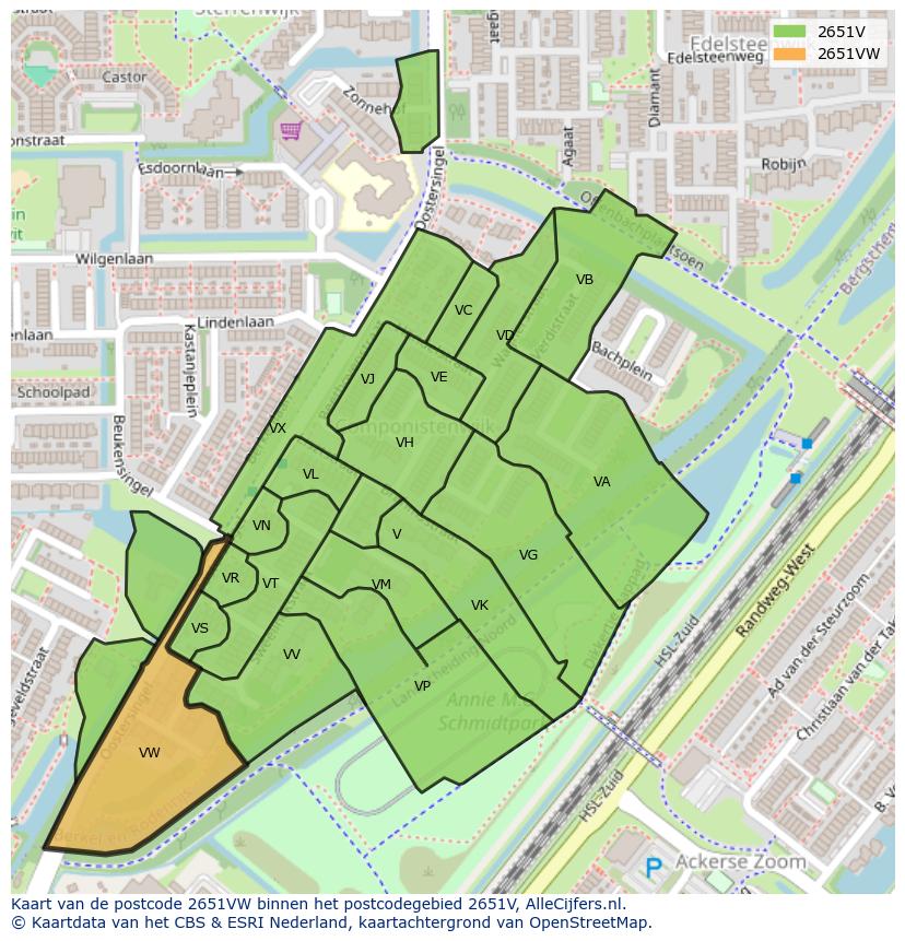 Afbeelding van het postcodegebied 2651 VW op de kaart.