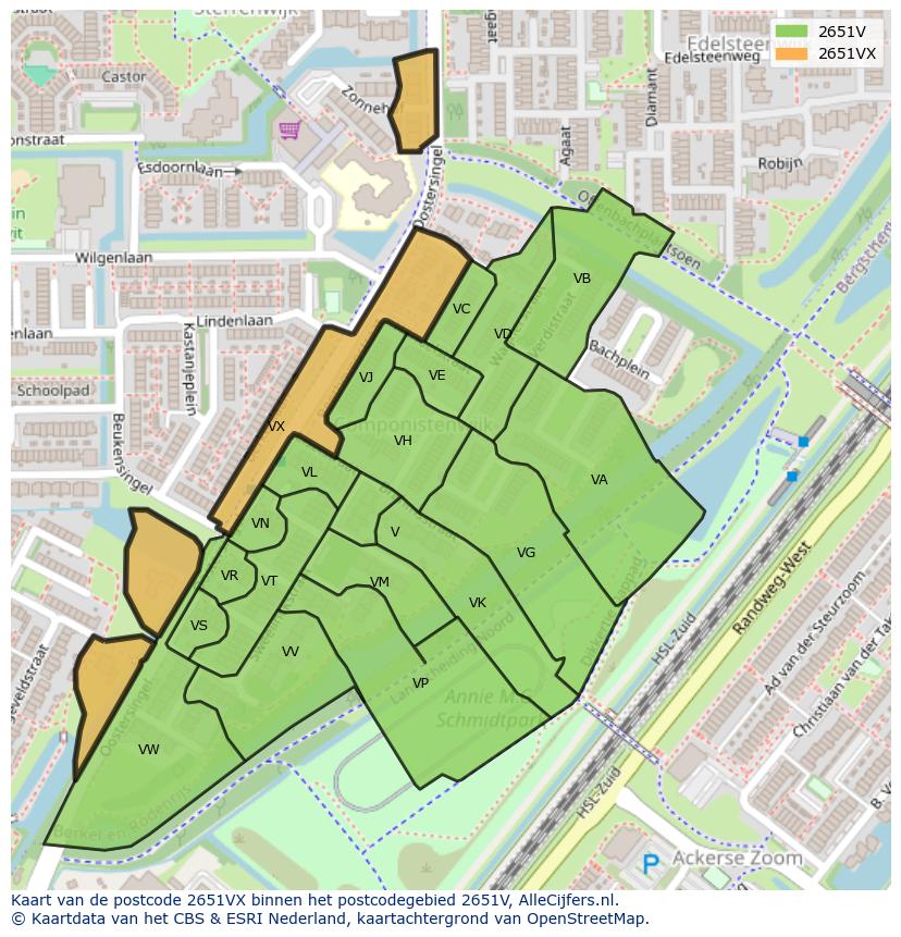 Afbeelding van het postcodegebied 2651 VX op de kaart.