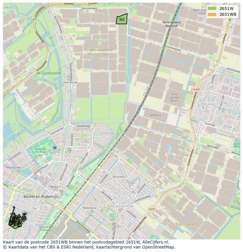 Afbeelding van het postcodegebied 2651 WB op de kaart.