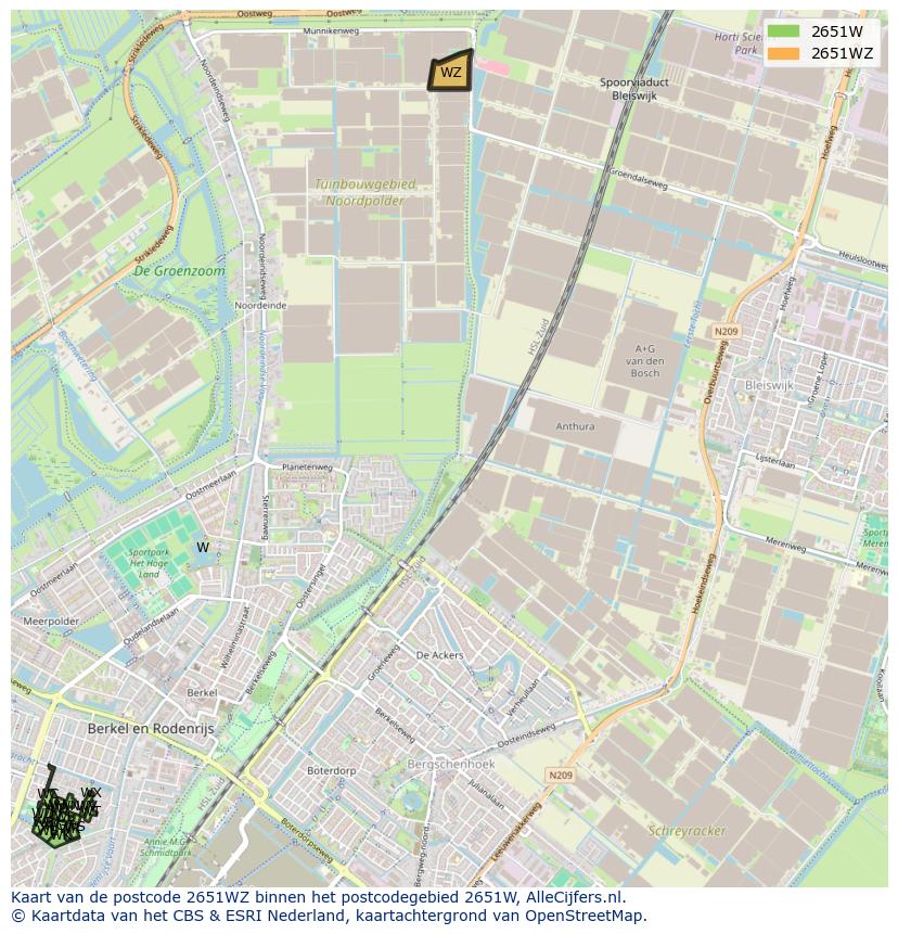 Afbeelding van het postcodegebied 2651 WZ op de kaart.