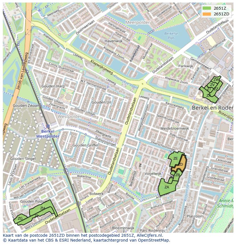 Afbeelding van het postcodegebied 2651 ZD op de kaart.
