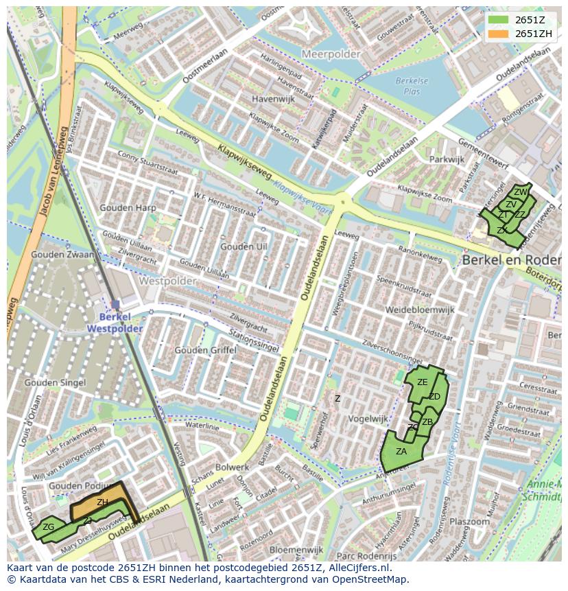 Afbeelding van het postcodegebied 2651 ZH op de kaart.