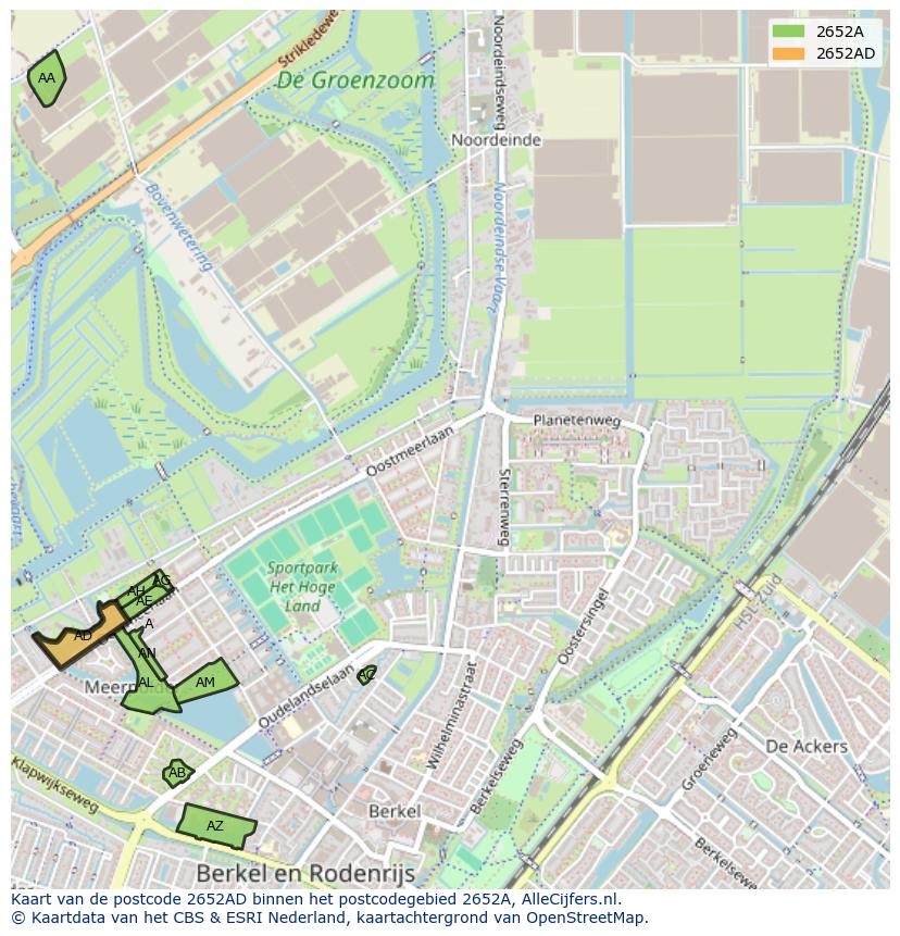 Afbeelding van het postcodegebied 2652 AD op de kaart.