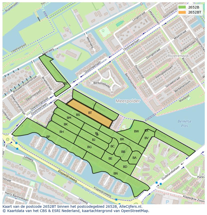 Afbeelding van het postcodegebied 2652 BT op de kaart.