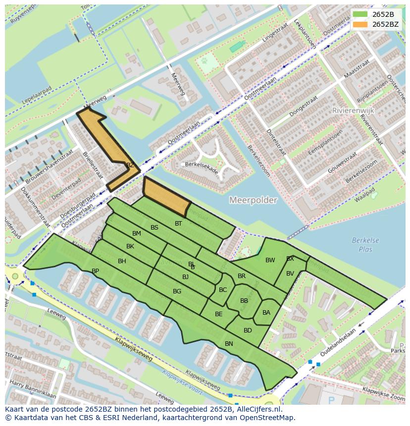 Afbeelding van het postcodegebied 2652 BZ op de kaart.
